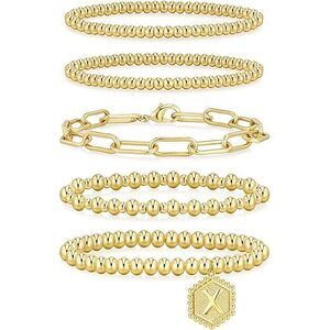 Gold Beaded Bracelets For Women, 14K Gold Plated Bracelet Stack Dainty Initial